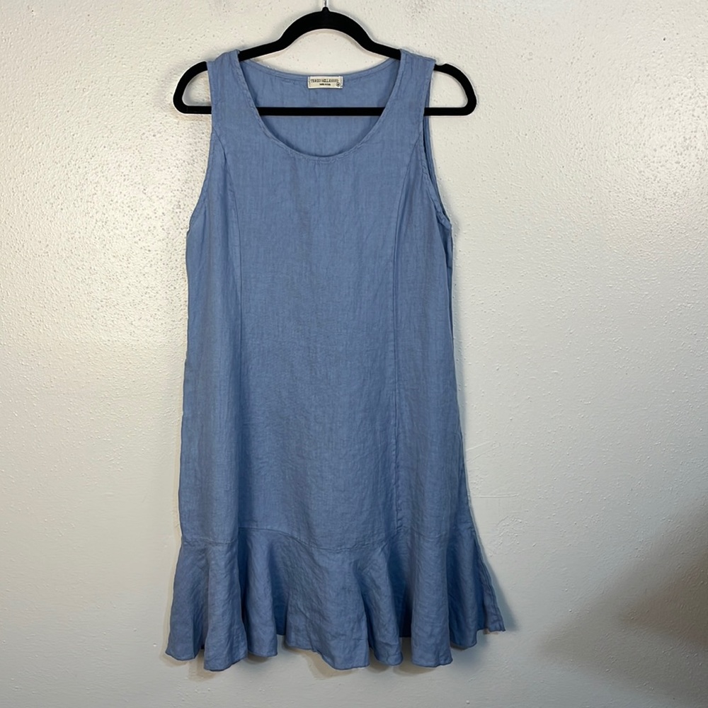 Terzo Millennio Made In Italy blue Ruffle Bottom 100% Linen Dress Sz med…